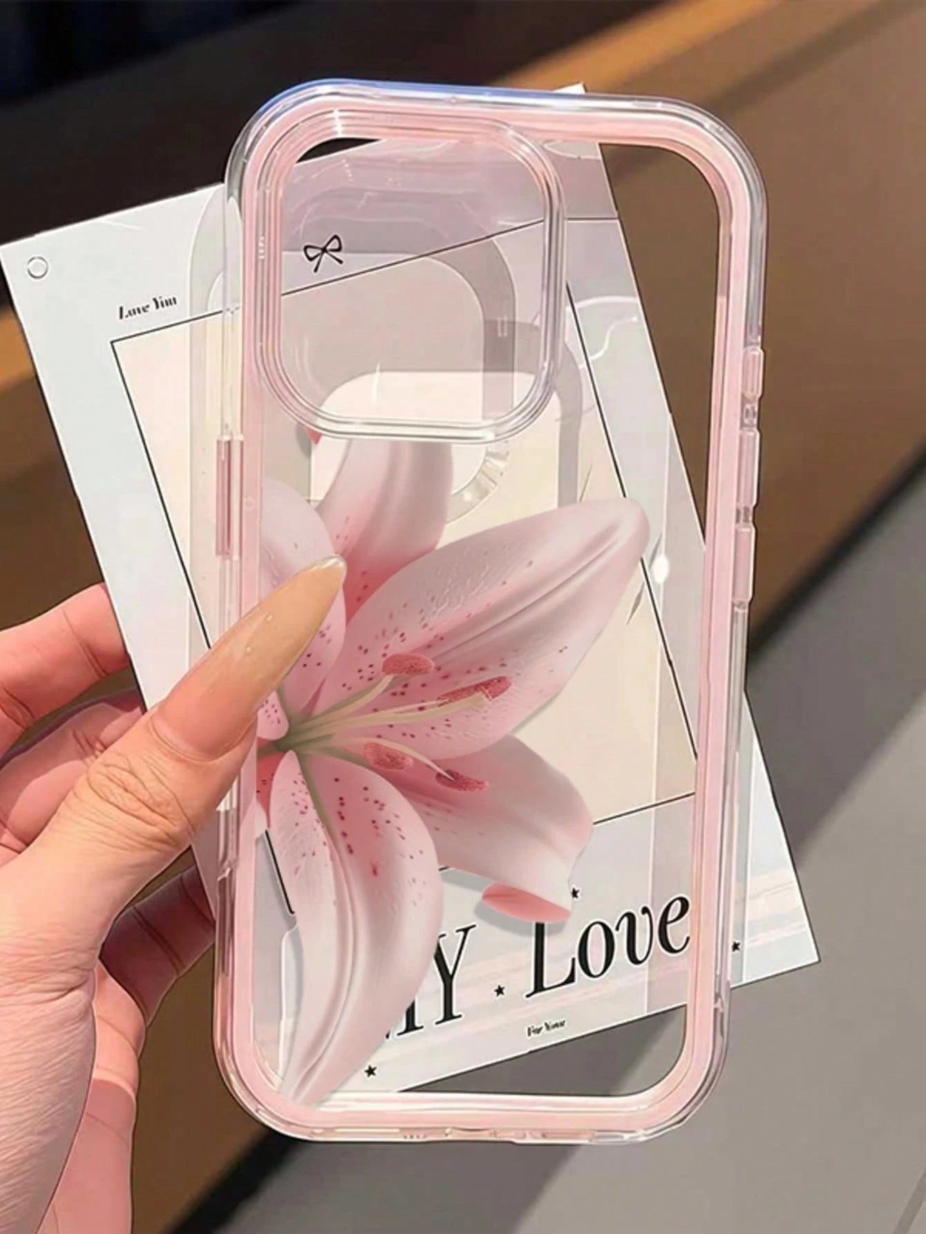 1pc Lily Flower English Text Pattern Pink Frame Shockproof Transparent Full Coverage TPU Phone Case Compatible With Iphone 11 12 13 14 15 16 17 Pro Max, A56/55/54/53/52/51, S26/25/24/23/22/21 Ultra, E