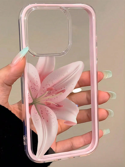 1pc Lily Flower English Text Pattern Pink Frame Shockproof Transparent Full Coverage TPU Phone Case Compatible With Iphone 11 12 13 14 15 16 17 Pro Max, A56/55/54/53/52/51, S26/25/24/23/22/21 Ultra, E