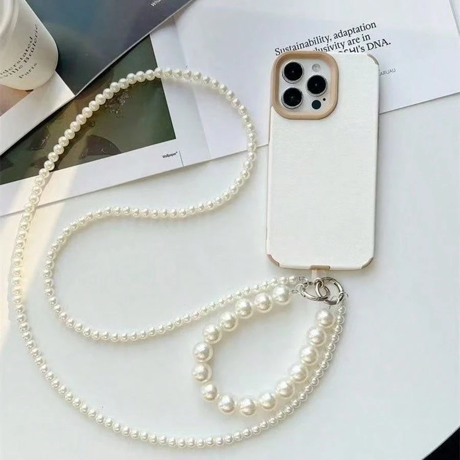 1pc Long Pearl Beaded Phone Lanyard, Popular Phone Case Hanging Chain, Crossbody Phone Chain, Halter, Anti-Drop Bag Chain, Camera Chain