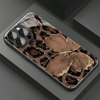 1pc Luxury Butterfly & Leopard Print Glass Material Phone Case, High-End Elegant Design, Compatible With IPhone, Tempered Glass Material