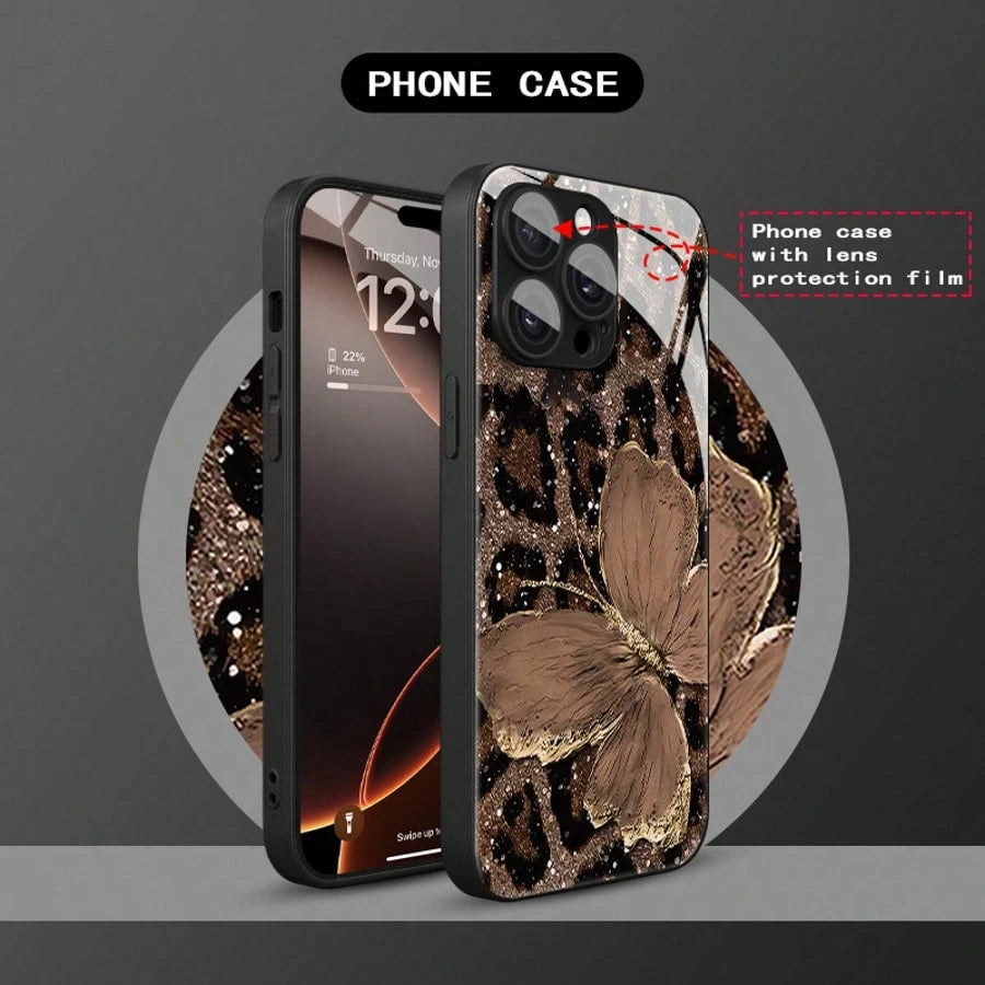 1pc Luxury Butterfly & Leopard Print Glass Material Phone Case, High-End Elegant Design, Compatible With IPhone, Tempered Glass Material