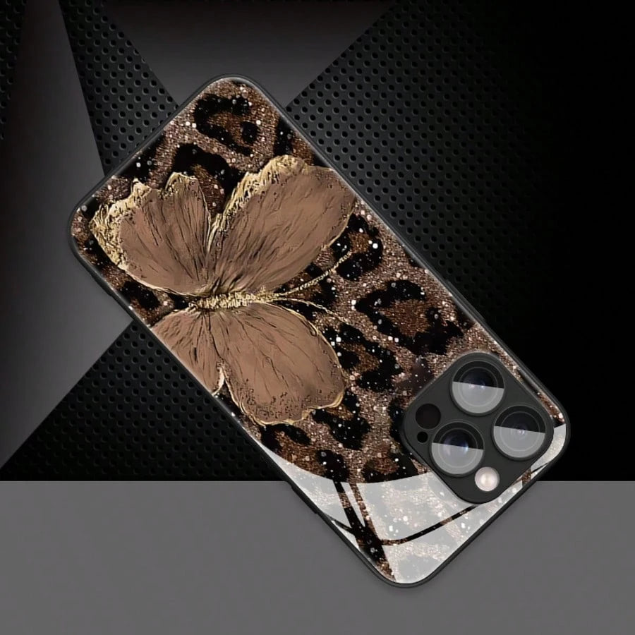 1pc Luxury Butterfly & Leopard Print Glass Material Phone Case, High-End Elegant Design, Compatible With IPhone, Tempered Glass Material
