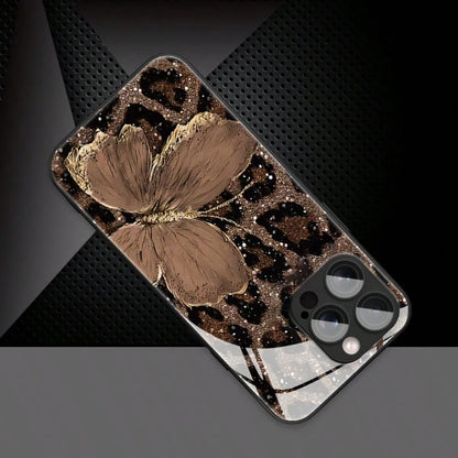 1pc Luxury Butterfly & Leopard Print Glass Material Phone Case, High-End Elegant Design, Compatible With IPhone, Tempered Glass Material