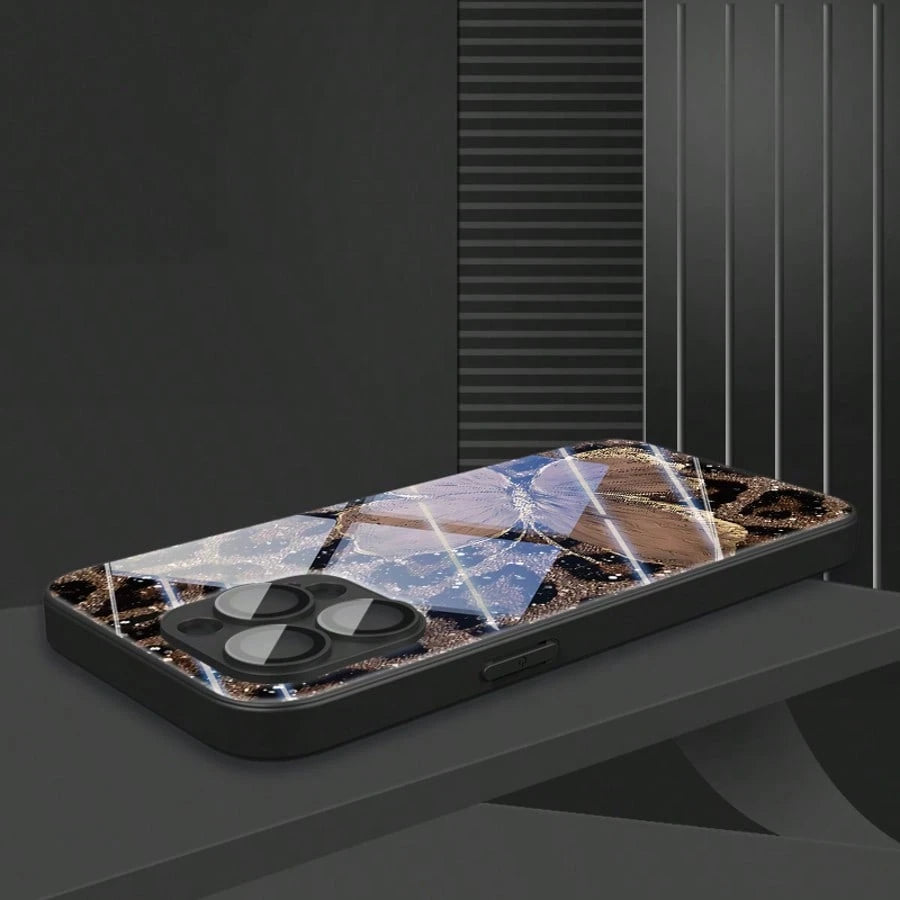 1pc Luxury Butterfly & Leopard Print Glass Material Phone Case, High-End Elegant Design, Compatible With IPhone, Tempered Glass Material