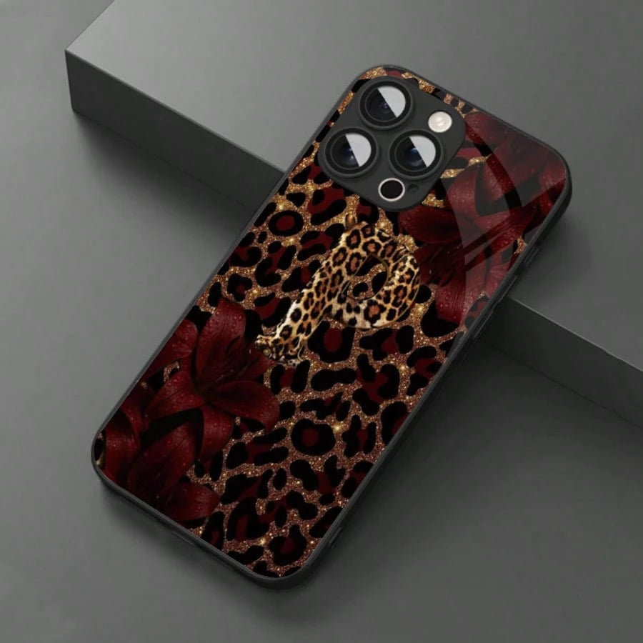 1pc Luxury Butterfly & Leopard Print Glass Material Phone Case, High-End Elegant Design, Compatible With IPhone, Tempered Glass Material