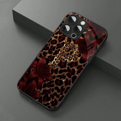 1pc Luxury Butterfly & Leopard Print Glass Material Phone Case, High-End Elegant Design, Compatible With IPhone, Tempered Glass Material