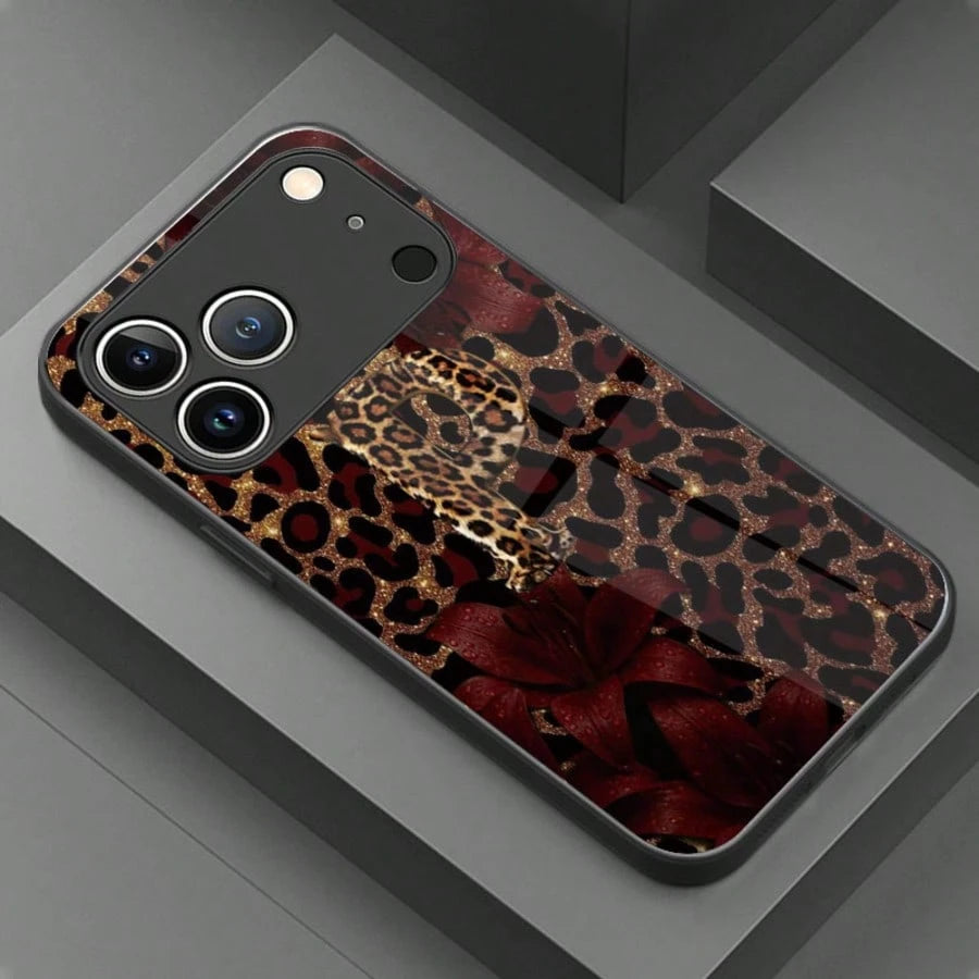 1pc Luxury Butterfly & Leopard Print Glass Material Phone Case, High-End Elegant Design, Compatible With IPhone, Tempered Glass Material