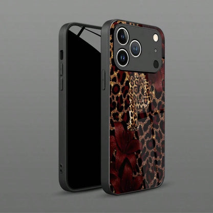 1pc Luxury Butterfly & Leopard Print Glass Material Phone Case, High-End Elegant Design, Compatible With IPhone, Tempered Glass Material