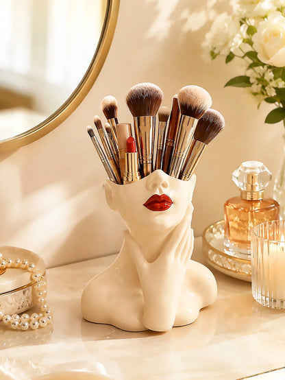 1pc Makeup Brush Storage Box- Elegant Red Lip And Face Makeup Organizer With Brush Holder, No Assembly Required, Suitable For Home, Salon And Office- Can Store Makeup Brushes, Eyebrow Pencils And Li