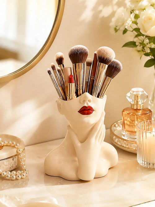 1pc Makeup Brush Storage Box- Elegant Red Lip And Face Makeup Organizer With Brush Holder, No Assembly Required, Suitable For Home, Salon And Office- Can Store Makeup Brushes, Eyebrow Pencils And Li