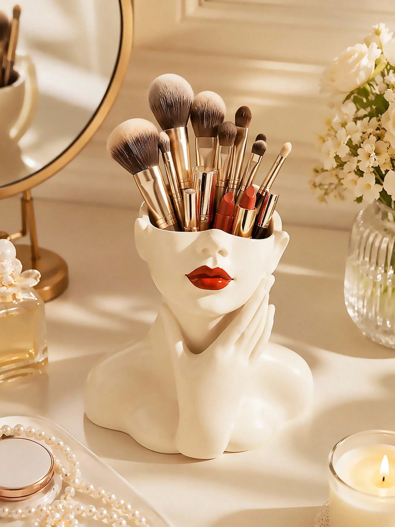 1pc Makeup Brush Storage Box- Elegant Red Lip And Face Makeup Organizer With Brush Holder, No Assembly Required, Suitable For Home, Salon And Office- Can Store Makeup Brushes, Eyebrow Pencils And Li