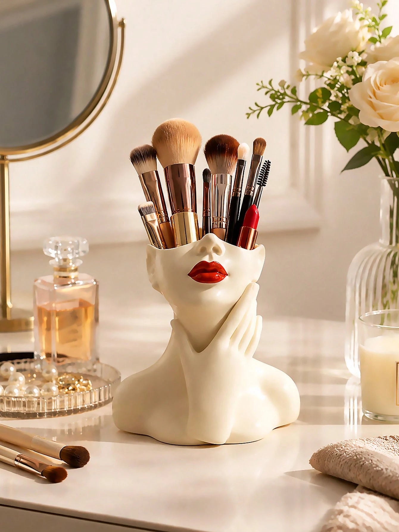 1pc Makeup Brush Storage Box- Elegant Red Lip And Face Makeup Organizer With Brush Holder, No Assembly Required, Suitable For Home, Salon And Office- Can Store Makeup Brushes, Eyebrow Pencils And Li