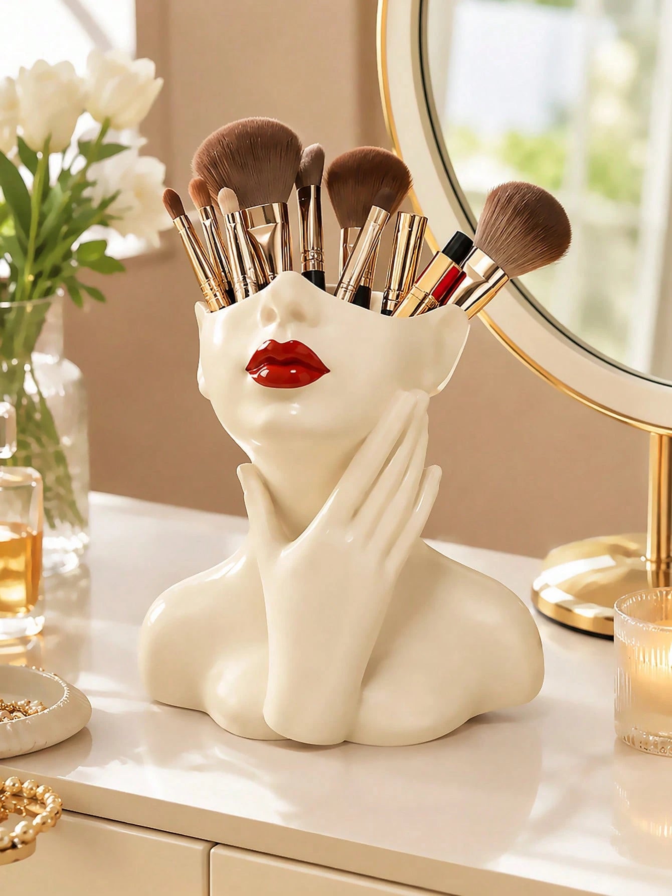 1pc Makeup Brush Storage Box- Elegant Red Lip And Face Makeup Organizer With Brush Holder, No Assembly Required, Suitable For Home, Salon And Office- Can Store Makeup Brushes, Eyebrow Pencils And Li