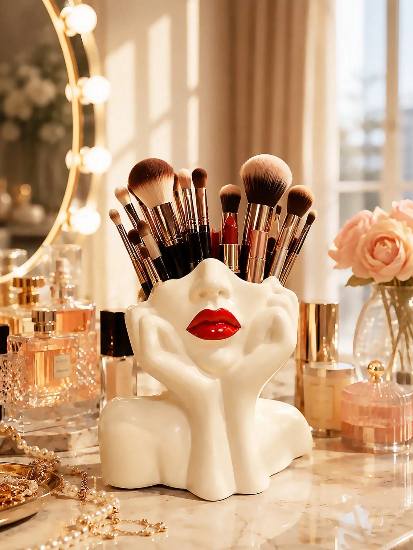 1pc Makeup Brush Storage Box- Elegant Red Lip And Face Makeup Organizer With Brush Holder, No Assembly Required, Suitable For Home, Salon And Office- Can Store Makeup Brushes, Eyebrow Pencils And Li