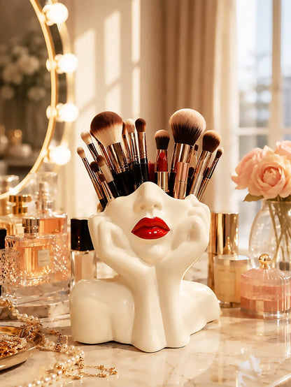 1pc Makeup Brush Storage Box- Elegant Red Lip And Face Makeup Organizer With Brush Holder, No Assembly Required, Suitable For Home, Salon And Office- Can Store Makeup Brushes, Eyebrow Pencils And Li