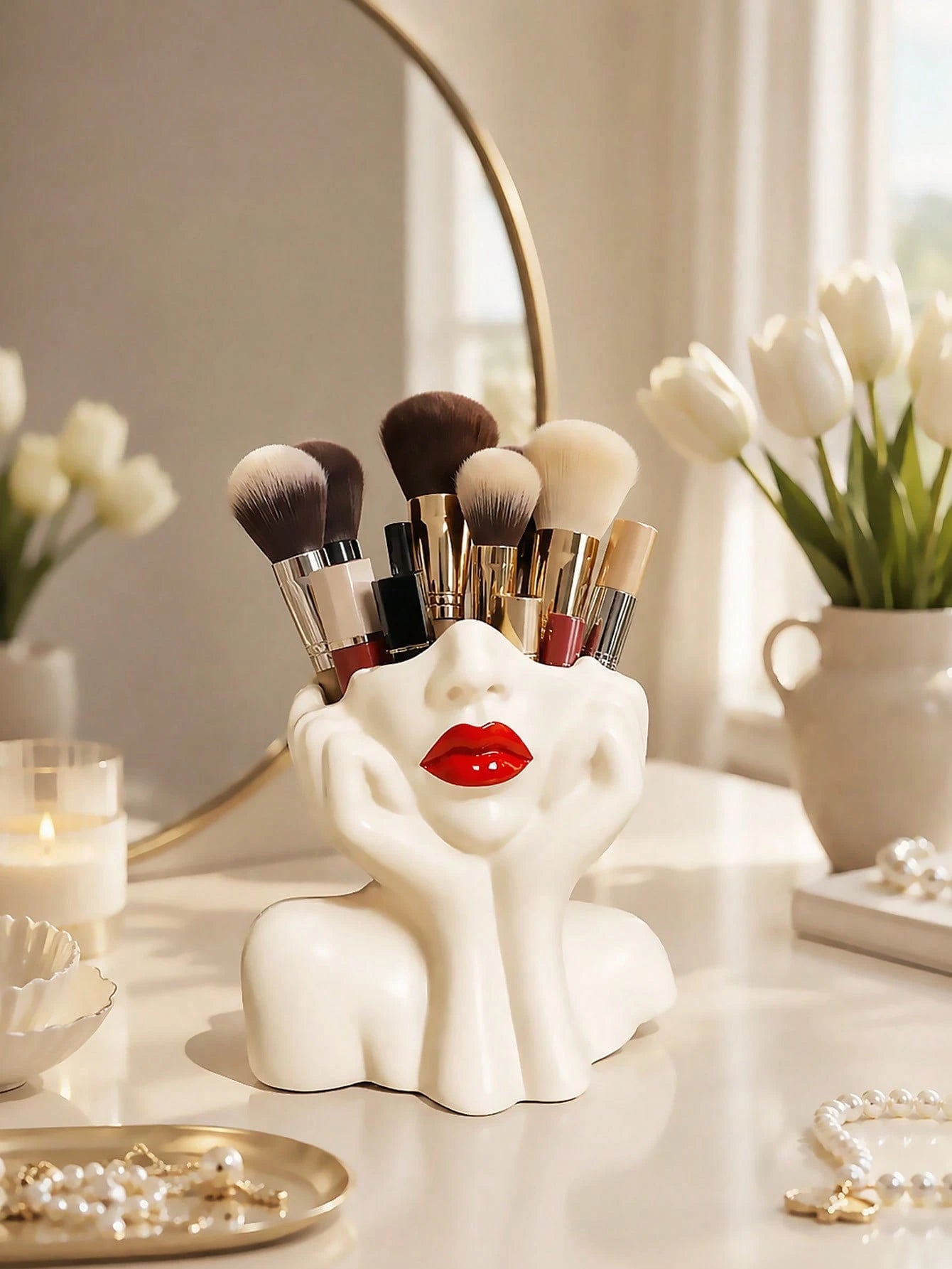 1pc Makeup Brush Storage Box- Elegant Red Lip And Face Makeup Organizer With Brush Holder, No Assembly Required, Suitable For Home, Salon And Office- Can Store Makeup Brushes, Eyebrow Pencils And Li