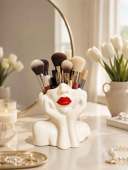 1pc Makeup Brush Storage Box- Elegant Red Lip And Face Makeup Organizer With Brush Holder, No Assembly Required, Suitable For Home, Salon And Office- Can Store Makeup Brushes, Eyebrow Pencils And Li