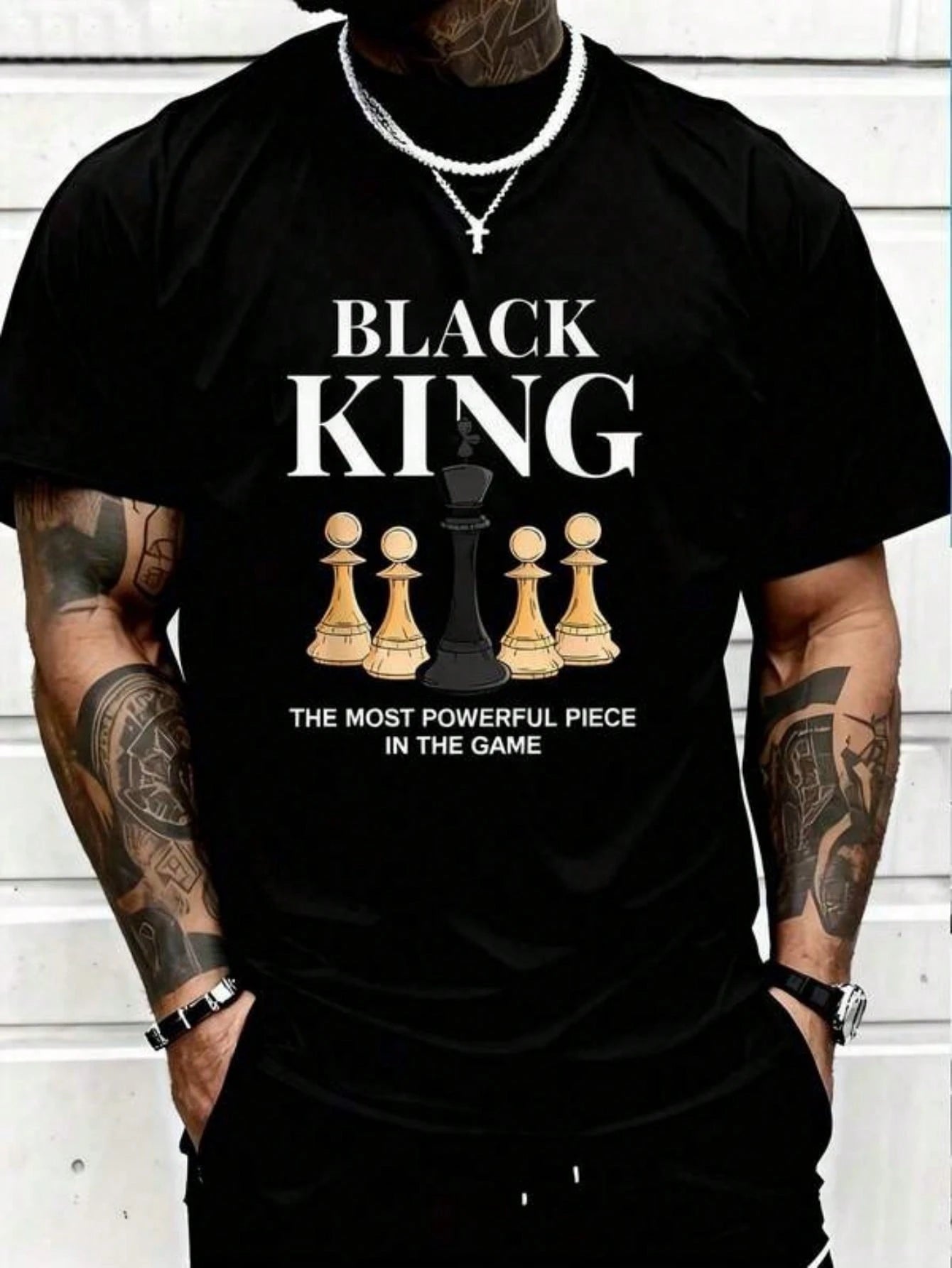 1pc Men's Chess King Print Black TShirt, Crew Neck, Casual Cotton Tee Medium Stretch Knit Fabric, Men's Regular Fit, Size