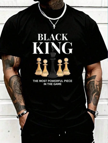 1pc Men's Chess King Print Black TShirt, Crew Neck, Casual Cotton Tee Medium Stretch Knit Fabric, Men's Regular Fit, Size