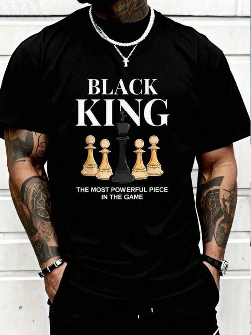 1pc Men's Chess King Print Black TShirt, Crew Neck, Casual Cotton Tee Medium Stretch Knit Fabric, Men's Regular Fit, Size