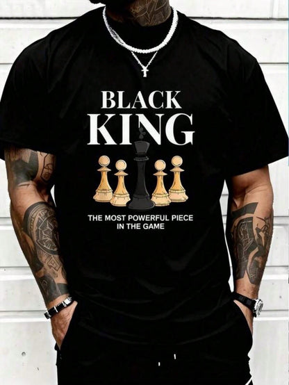 1pc Men's Chess King Print Black TShirt, Crew Neck, Casual Cotton Tee Medium Stretch Knit Fabric, Men's Regular Fit, Size