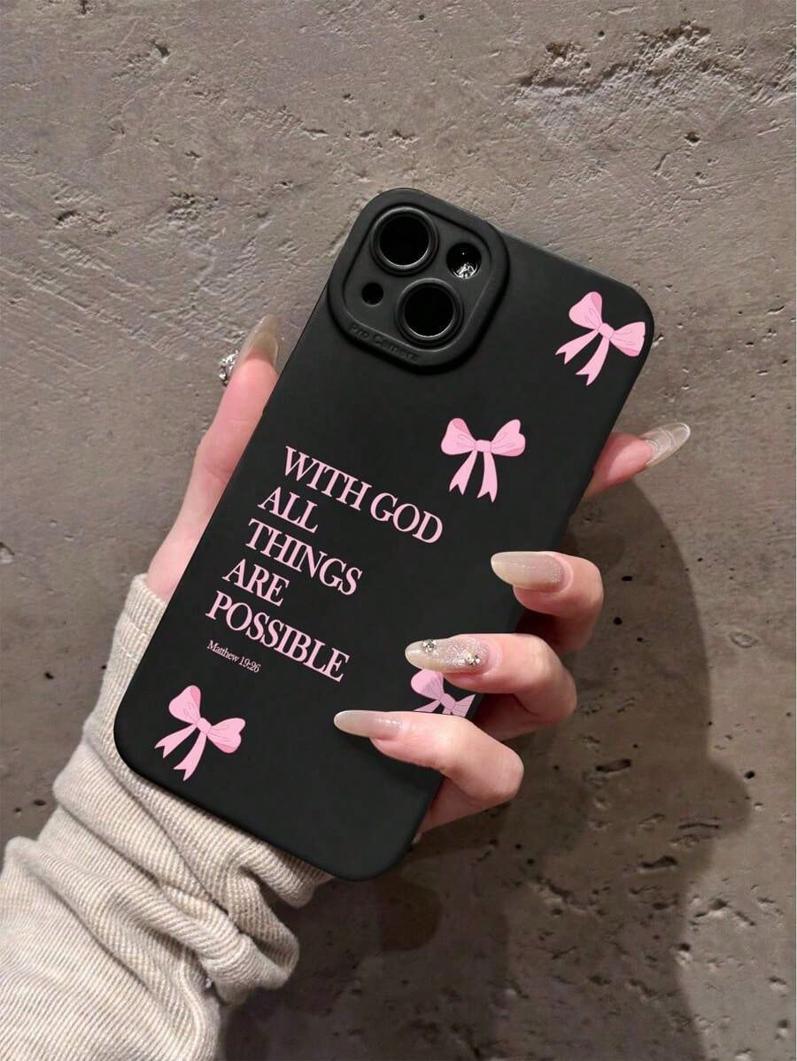 1pc Minimalist Pink Girly Bow Slogan Black Cat Eye Full Coverage Phone Soft Case, Compatible With IPhone 11/12/13/14/15/16 Pro Max Waterproof Shockproof Anti-Fall Scratch Resistant
