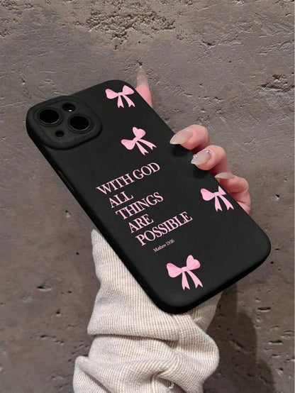 1pc Minimalist Pink Girly Bow Slogan Black Cat Eye Full Coverage Phone Soft Case, Compatible With IPhone 11/12/13/14/15/16 Pro Max Waterproof Shockproof Anti-Fall Scratch Resistant