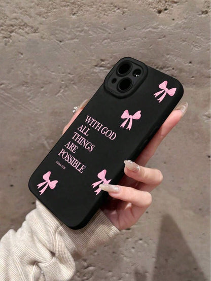 1pc Minimalist Pink Girly Bow Slogan Black Cat Eye Full Coverage Phone Soft Case, Compatible With IPhone 11/12/13/14/15/16 Pro Max Waterproof Shockproof Anti-Fall Scratch Resistant