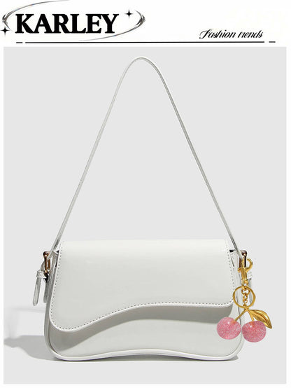 1pc Minimalist Women's White Square Bag, Patent Leather Shoulder Bag, Suitable For Commuting, Shoulder/Hand Carry, Fashion Cherry Decoration, Suitable For Dating, Outing, Party, Valentine's Day. Fashi
