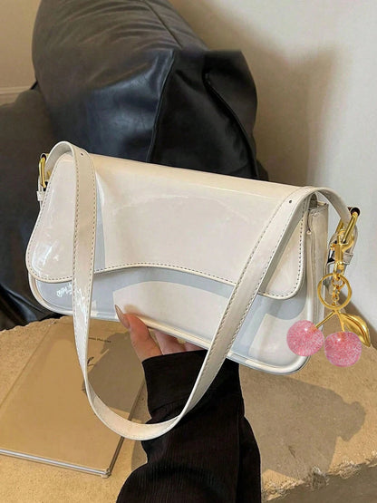 1pc Minimalist Women's White Square Bag, Patent Leather Shoulder Bag, Suitable For Commuting, Shoulder/Hand Carry, Fashion Cherry Decoration, Suitable For Dating, Outing, Party, Valentine's Day. Fashi