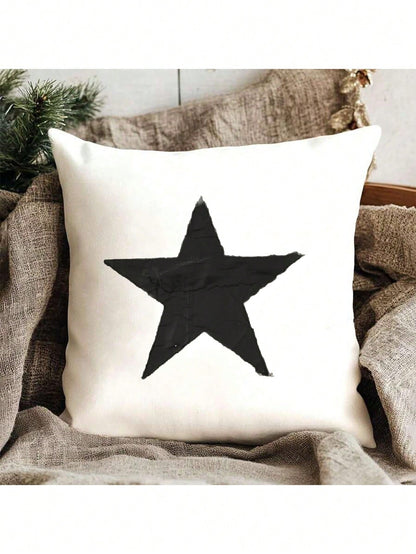 1pc Modern Stars And Floral Design Zippered Linen Throw Pillow Cover, 100% Linen, Machine Washable- Stylish Black And White Decorative Cushion Cover For Modern Home Sofa And Couch Decor (Insert Not I