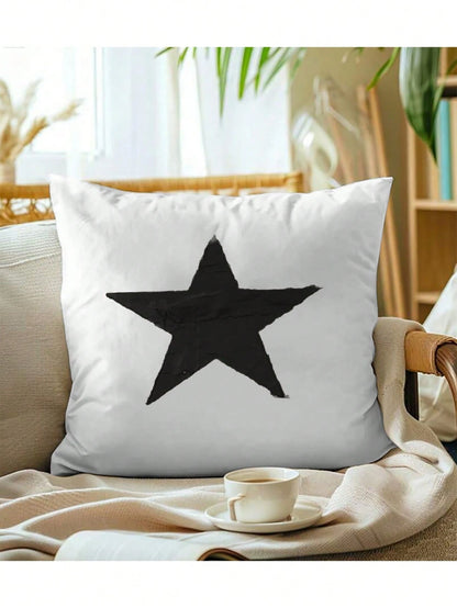 1pc Modern Stars And Floral Design Zippered Linen Throw Pillow Cover, 100% Linen, Machine Washable- Stylish Black And White Decorative Cushion Cover For Modern Home Sofa And Couch Decor (Insert Not I