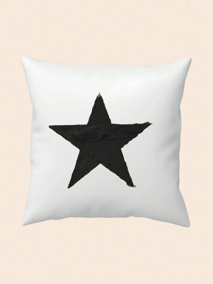 1pc Modern Stars And Floral Design Zippered Linen Throw Pillow Cover, 100% Linen, Machine Washable- Stylish Black And White Decorative Cushion Cover For Modern Home Sofa And Couch Decor (Insert Not I