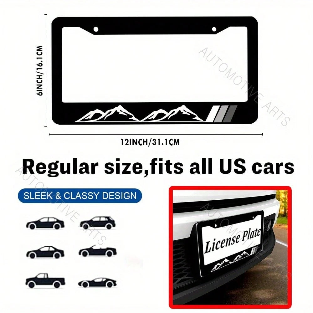 1pc, Mountain License Plate Frame, Stainless Steel License Plate, Decorative Accessory With Screws, Unisex Car Frame 2 Holes Aluminum Proof Holder, 12x6 Inch