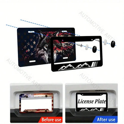 1pc, Mountain License Plate Frame, Stainless Steel License Plate, Decorative Accessory With Screws, Unisex Car Frame 2 Holes Aluminum Proof Holder, 12x6 Inch