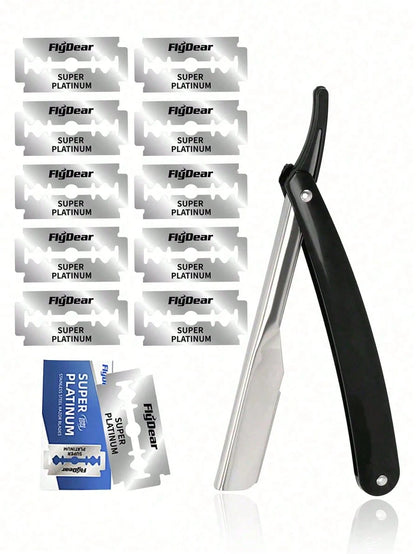1pc Multi-Function Folding Straight Razor With 10 Ultra-Thin Stainless Steel Double-Edge Blades, Professional Barber Shop Quality For Home And Salon Use