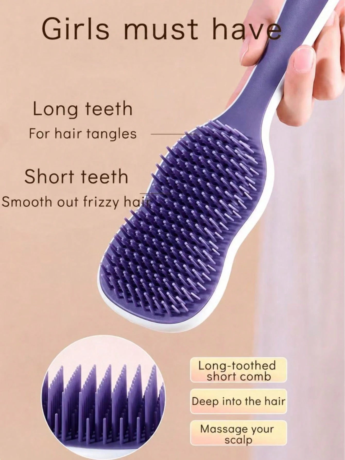 1pc Natural Smooth Hair Brush, Scalp Care Massage Brush With Anti-Slip Handle, Suitable For Curly, Straight, Dry Or Wet Hair