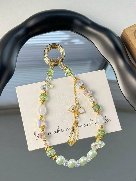 1pc New Chinese Style Bamboo Fan Tassel Phone Lanyard, Green Bead Faux Pearl Anti-Lost Wrist Strap (Due To Shooting Angle And Magnification, The Actual Size Of The Object May Differ Slightly From The