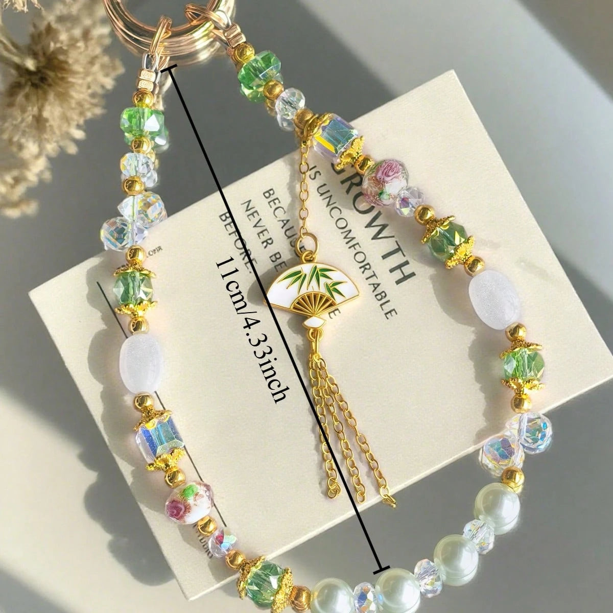 1pc New Chinese Style Bamboo Fan Tassel Phone Lanyard, Green Bead Faux Pearl Anti-Lost Wrist Strap (Due To Shooting Angle And Magnification, The Actual Size Of The Object May Differ Slightly From The
