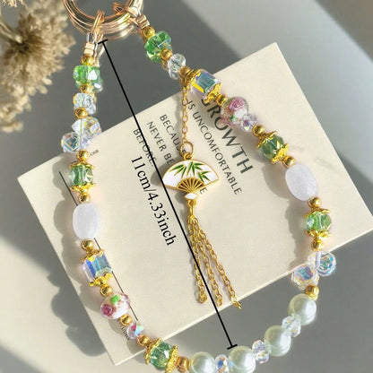1pc New Chinese Style Bamboo Fan Tassel Phone Lanyard, Green Bead Faux Pearl Anti-Lost Wrist Strap (Due To Shooting Angle And Magnification, The Actual Size Of The Object May Differ Slightly From The