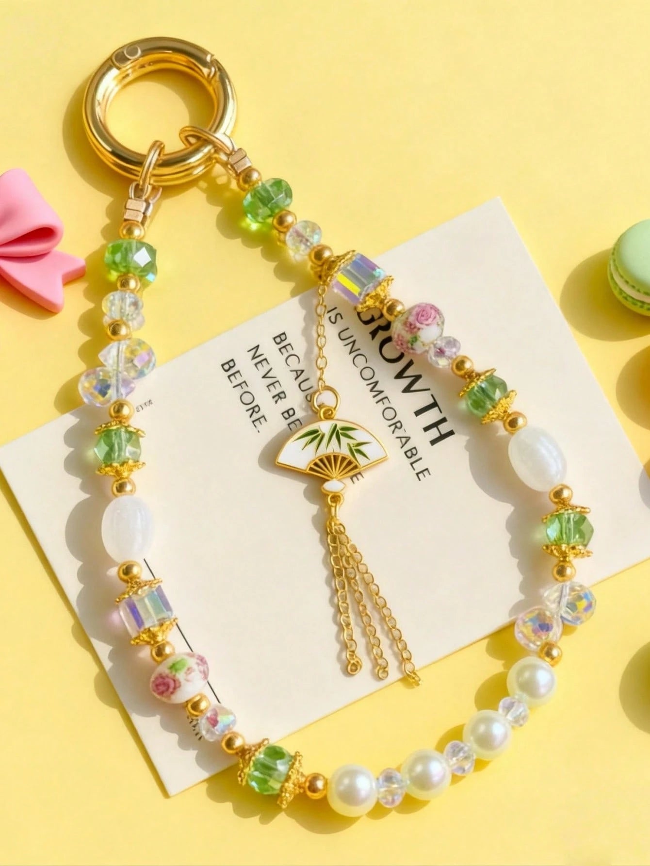 1pc New Chinese Style Bamboo Fan Tassel Phone Lanyard, Green Bead Faux Pearl Anti-Lost Wrist Strap (Due To Shooting Angle And Magnification, The Actual Size Of The Object May Differ Slightly From The