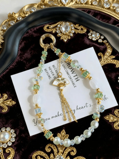 1pc New Chinese Style Bamboo Fan Tassel Phone Lanyard, Green Bead Faux Pearl Anti-Lost Wrist Strap (Due To Shooting Angle And Magnification, The Actual Size Of The Object May Differ Slightly From The