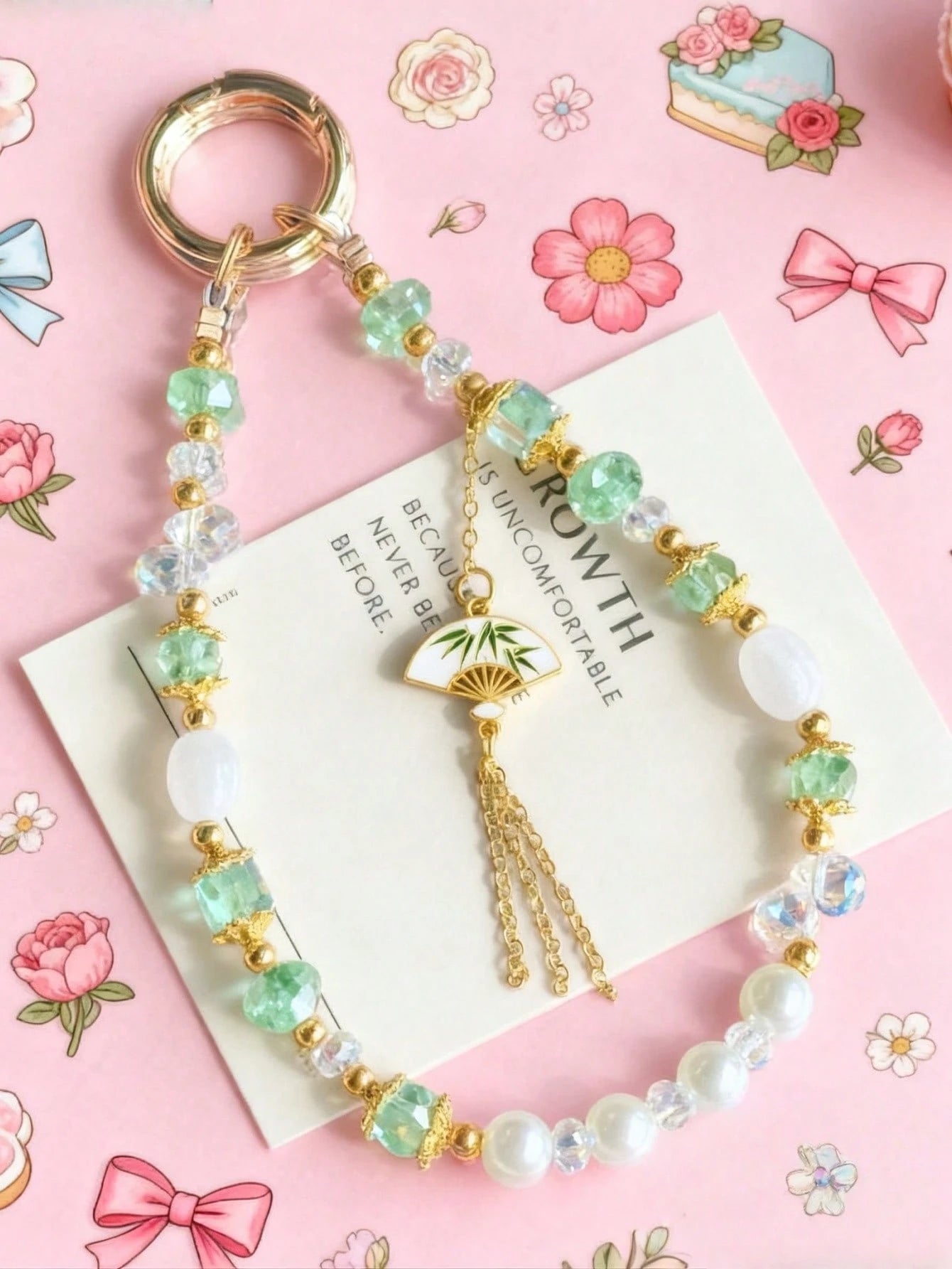 1pc New Chinese Style Bamboo Fan Tassel Phone Lanyard, Green Bead Faux Pearl Anti-Lost Wrist Strap (Due To Shooting Angle And Magnification, The Actual Size Of The Object May Differ Slightly From The