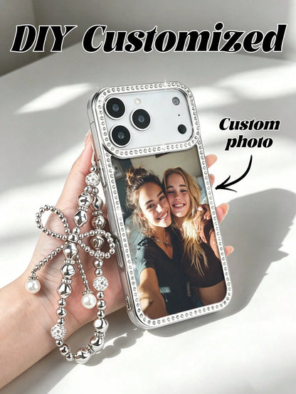 1pc New Luxury Fashion Four-Sided Rhinestone Transparent Phone Case, Customizable Couple Photo, Electroplated Silver Shiny Rhinestone Transparent Shell, Suitable For IPhone 16e/17 Pro Max/15 Pro Max/1
