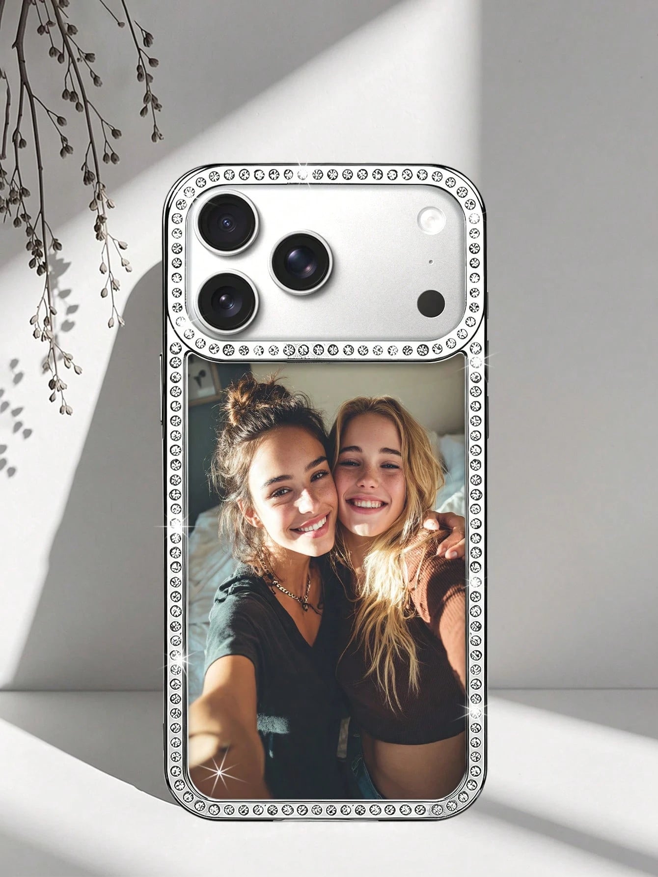 1pc New Luxury Fashion Four-Sided Rhinestone Transparent Phone Case, Customizable Couple Photo, Electroplated Silver Shiny Rhinestone Transparent Shell, Suitable For IPhone 16e/17 Pro Max/15 Pro Max/1