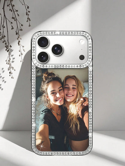 1pc New Luxury Fashion Four-Sided Rhinestone Transparent Phone Case, Customizable Couple Photo, Electroplated Silver Shiny Rhinestone Transparent Shell, Suitable For IPhone 16e/17 Pro Max/15 Pro Max/1