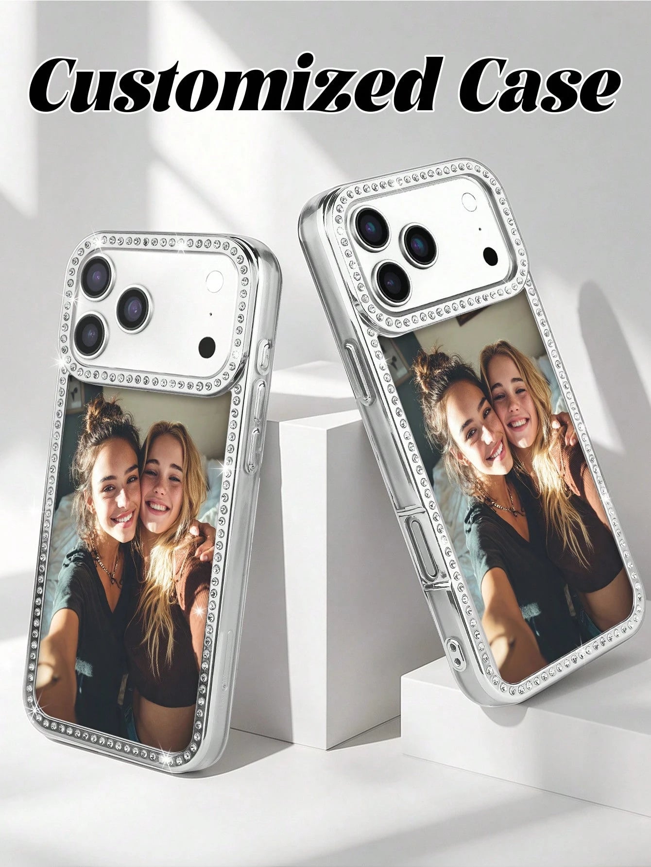 1pc New Luxury Fashion Four-Sided Rhinestone Transparent Phone Case, Customizable Couple Photo, Electroplated Silver Shiny Rhinestone Transparent Shell, Suitable For IPhone 16e/17 Pro Max/15 Pro Max/1