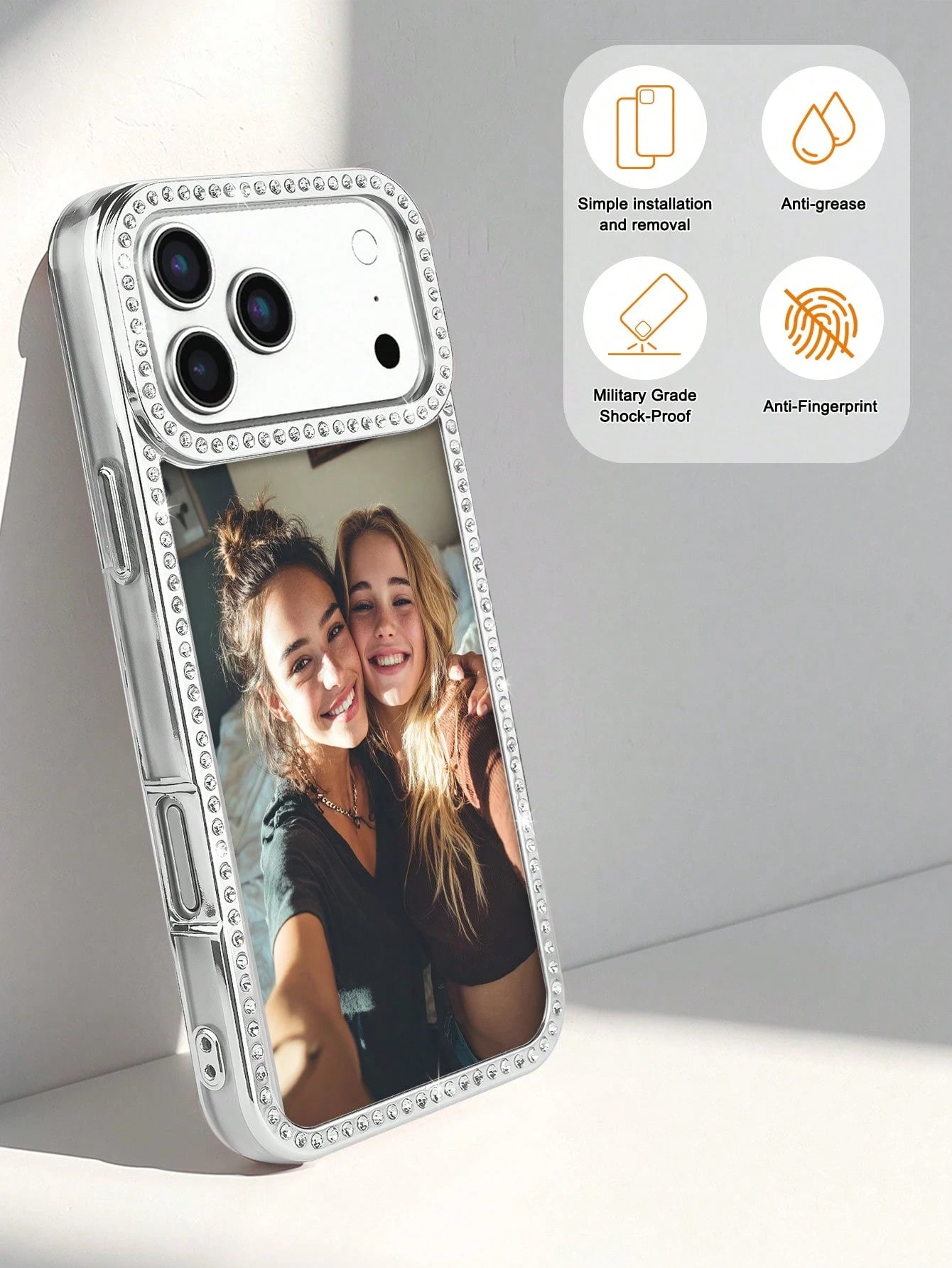 1pc New Luxury Fashion Four-Sided Rhinestone Transparent Phone Case, Customizable Couple Photo, Electroplated Silver Shiny Rhinestone Transparent Shell, Suitable For IPhone 16e/17 Pro Max/15 Pro Max/1
