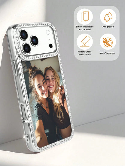 1pc New Luxury Fashion Four-Sided Rhinestone Transparent Phone Case, Customizable Couple Photo, Electroplated Silver Shiny Rhinestone Transparent Shell, Suitable For IPhone 16e/17 Pro Max/15 Pro Max/1