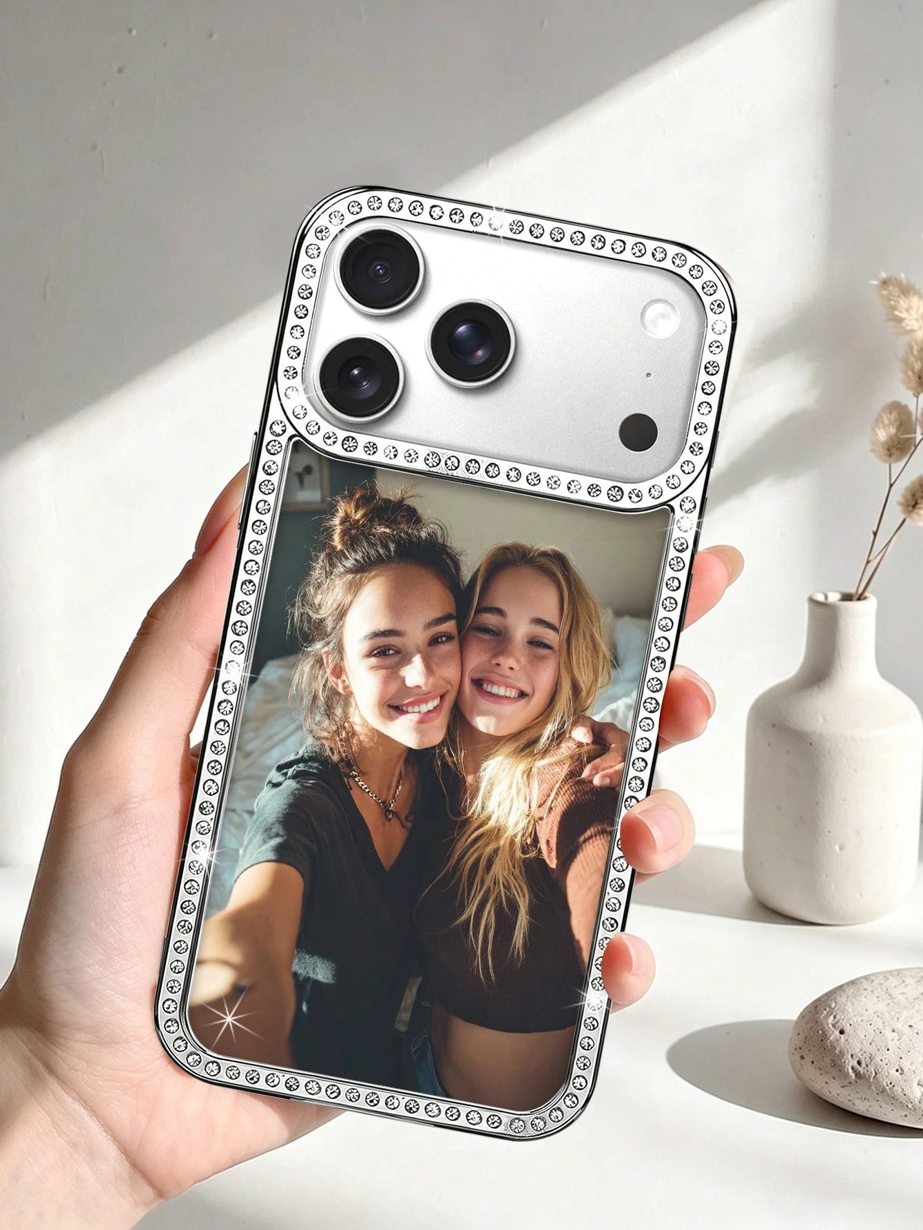 1pc New Luxury Fashion Four-Sided Rhinestone Transparent Phone Case, Customizable Couple Photo, Electroplated Silver Shiny Rhinestone Transparent Shell, Suitable For IPhone 16e/17 Pro Max/15 Pro Max/1